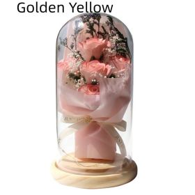 Artificial Rose Dried Flowers Gypsophila Babysbreath Bouquet Glass Cover Ornaments LED Small Night Lamp Valentine's Day Gift (Option: Golden Yellow)