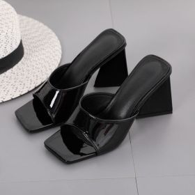 Spring And Summer New Square Toe Triangle Thick High-heeled Outer Wear European And American Style 4-color Cross-border Women's Shoes 36-42 Large Size (Option: Black-43)