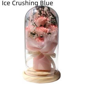 Artificial Rose Dried Flowers Gypsophila Babysbreath Bouquet Glass Cover Ornaments LED Small Night Lamp Valentine's Day Gift (Option: Ice Crushing Blue)