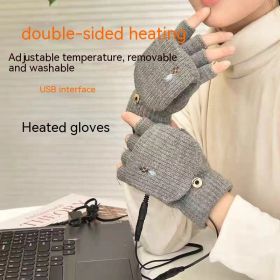 Flip Half Finger Knitted USB Heating Gloves (Option: B3037 Heather Gray-Adjustable Temperature)