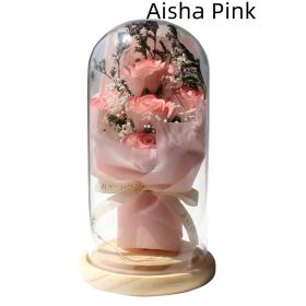 Artificial Rose Dried Flowers Gypsophila Babysbreath Bouquet Glass Cover Ornaments LED Small Night Lamp Valentine's Day Gift (Option: Aisha Pink)