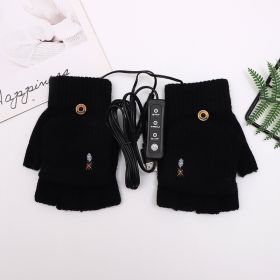 Flip Half Finger Knitted USB Heating Gloves (Option: B3037 Black-No Temperature Adjustment)