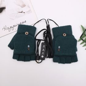 Flip Half Finger Knitted USB Heating Gloves (Option: B3037 Dark Green-No Temperature Adjustment)