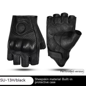 Retro Leather Motorcycle Half Finger Gloves (Option: Black With Perforated-2XL)
