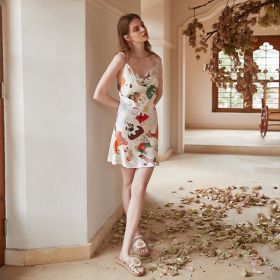Thin Contrast Color Pajamas Ice Silk Robe Loose Homewear (Option: Swinging Collar Hanging Skirt-S)